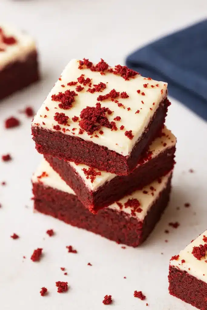Red Velvet Brownies | Ultimate Fudgy Treat Recipe 12 Stacked red velvet brownies with cream cheese frosting