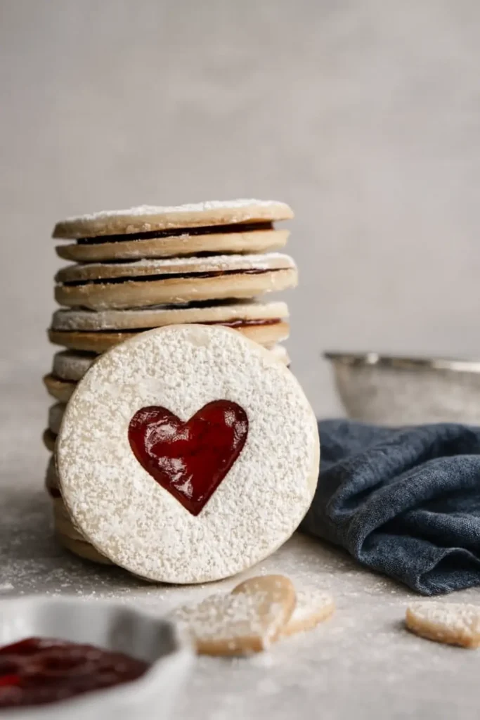 Best Jam Cookies – Sweet, Buttery & Irresistibly Good 6 Best Jam Cookies stacked with strawberry heart filling on light background