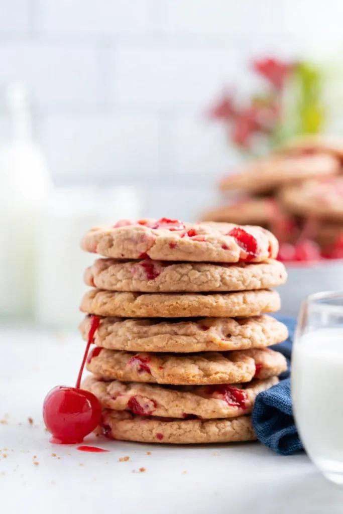 Cherry Almond Cookies – Soft, Sweet & Irresistible Treats 6 Stack of cherry almond cookies with red cherries on white surface
