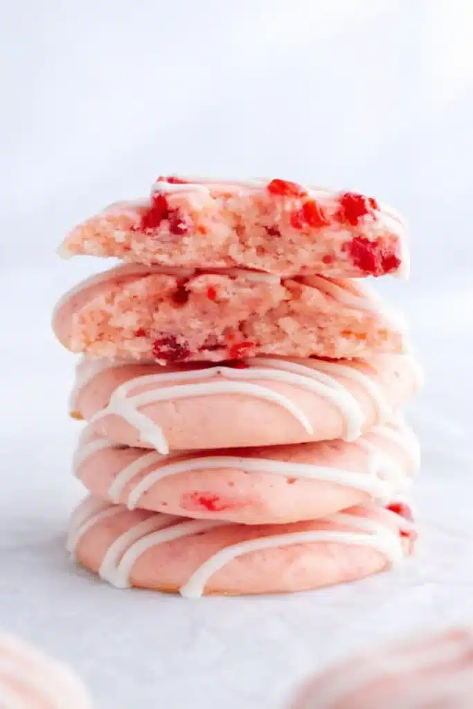 Cherry Almond Cookies | Simple, Sweet & Irresistible Treats 8 Stack of cherry almond cookies with white chocolate drizzle