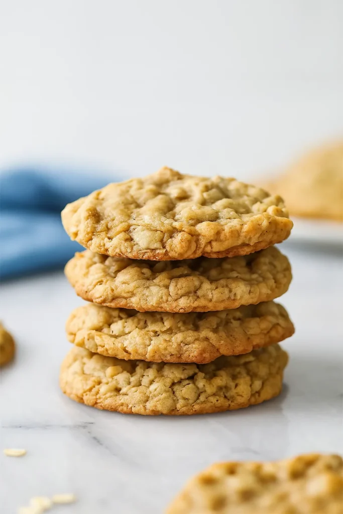 Oatmeal Cookies Recipe – Chewy, Warm & Irresistible 7 Stack of chewy oatmeal cookies with blue napkin