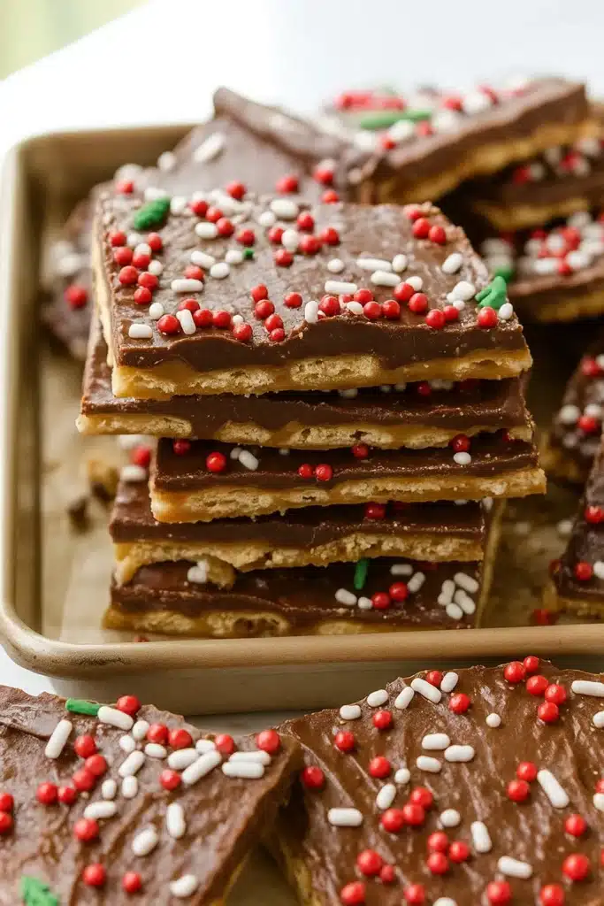 Christmas Crack – The Ultimate Sweet and Salty Holiday Treat 10 Stack of homemade Christmas Crack candy bars with chocolate and festive sprinkles