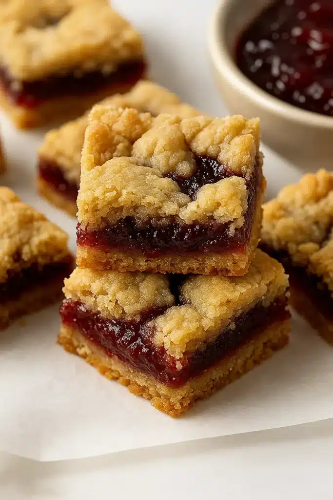 Classic Christmas Jam Bars | Easy, Nostalgic & Delicious 6 Stacked Classic Christmas Jam Bars with golden crust and glossy jam filling