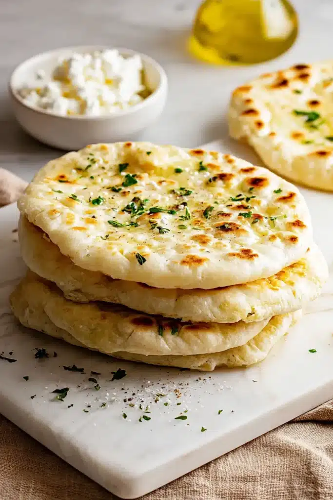 Cottage Cheese Flatbread | Easy High-Protein Breakfast 9 Stack of golden cottage cheese flatbreads brushed with olive oil