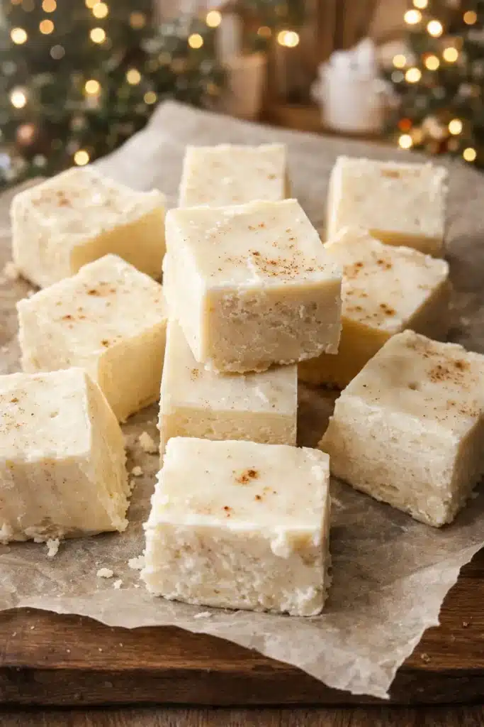 Easy Christmas Eggnog Fudge Recipe | Ultimate Holiday Treat 6 Stacked creamy eggnog fudge squares with nutmeg on parchment