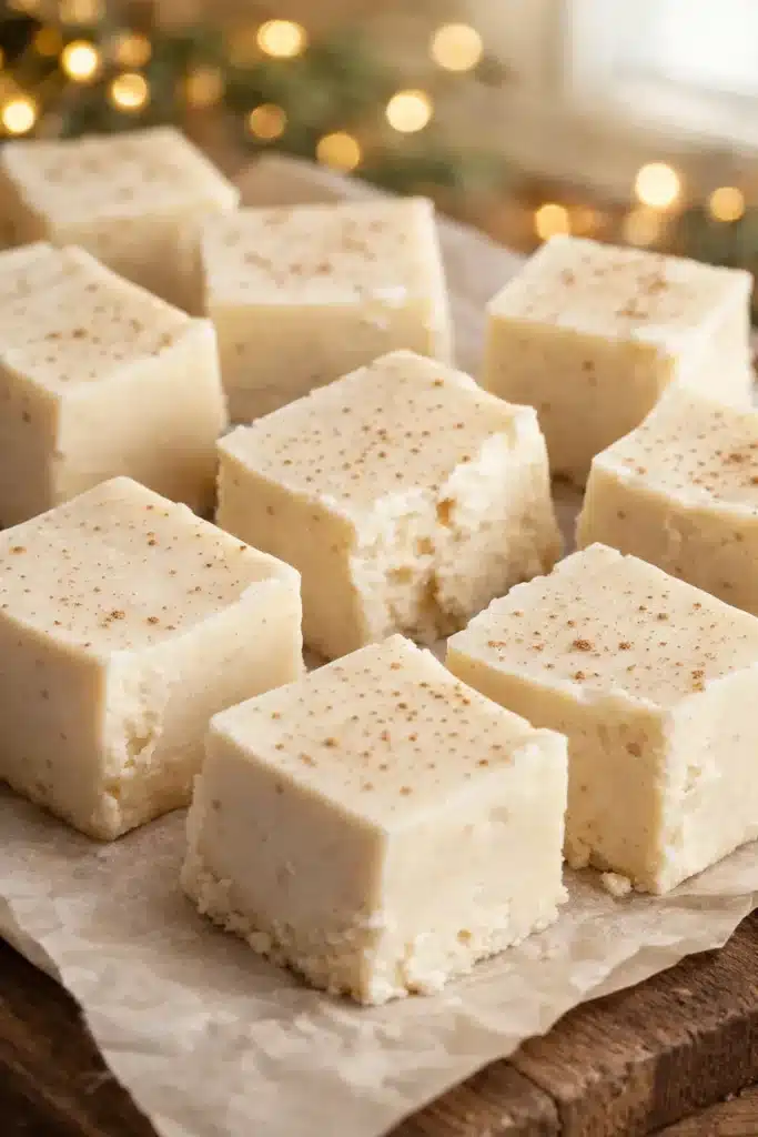 Easy Christmas Eggnog Fudge Recipe | Ultimate Holiday Treat 5 Creamy easy Christmas eggnog fudge squares topped with nutmeg