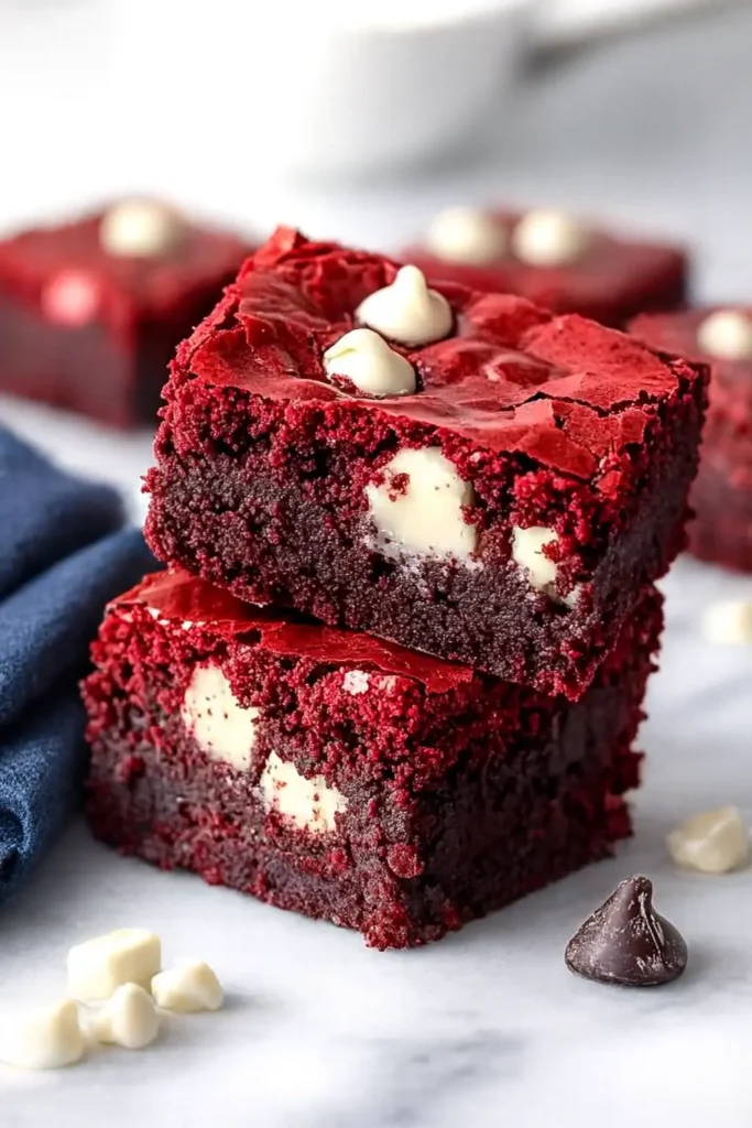 Easy Delicious Red Velvet Cake Mix Brownies Recipe 6 Stacked red velvet cake mix brownies with white chocolate chips