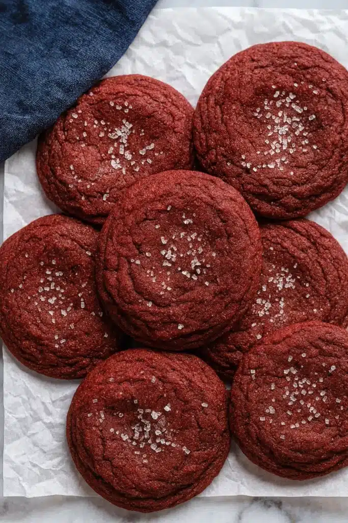 Red Velvet Cookies Recipe | Soft, Chewy & Amazing Treat 9 Stack of red velvet cookies with sugar crystals on parchment paper