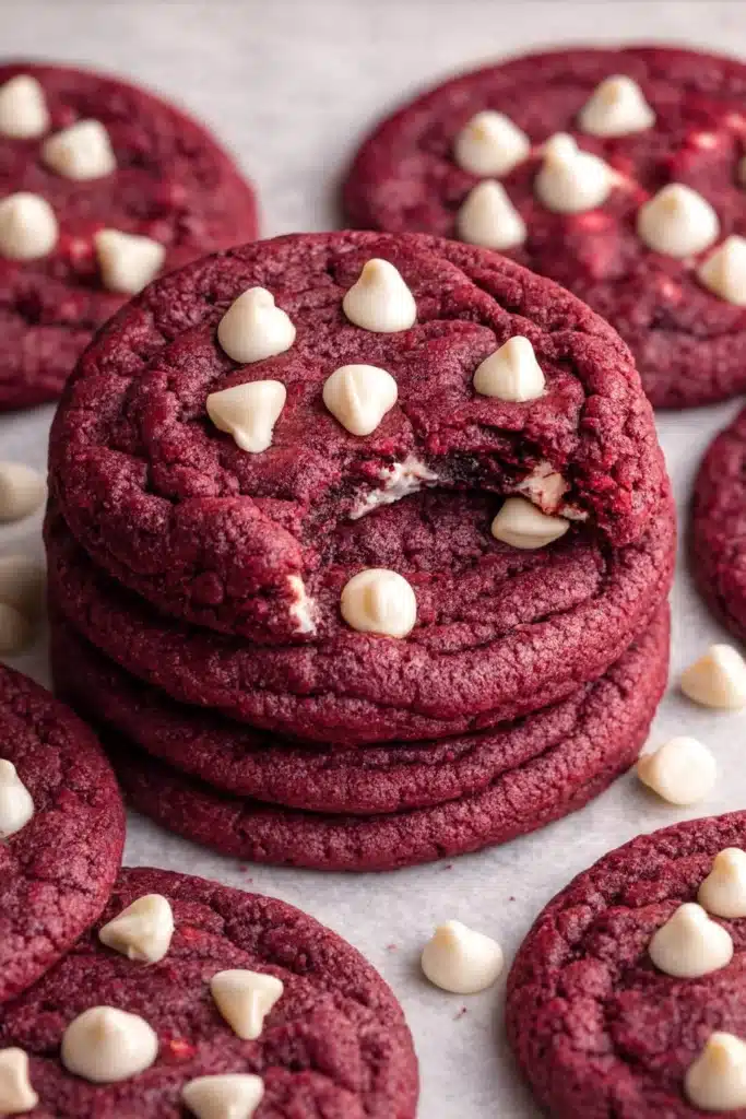 Stack of red velvet cookies with white chocolate chips on white paper