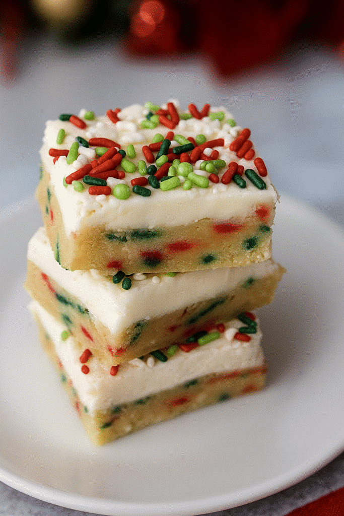 Stacked frosted Christmas cookie bars with red and green sprinkles