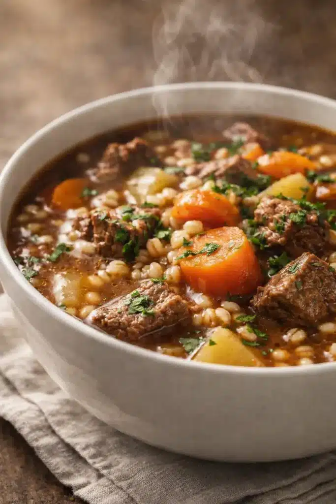 Steaming hearty crockpot beef and barley soup with carrots and potatoes in a white bowl