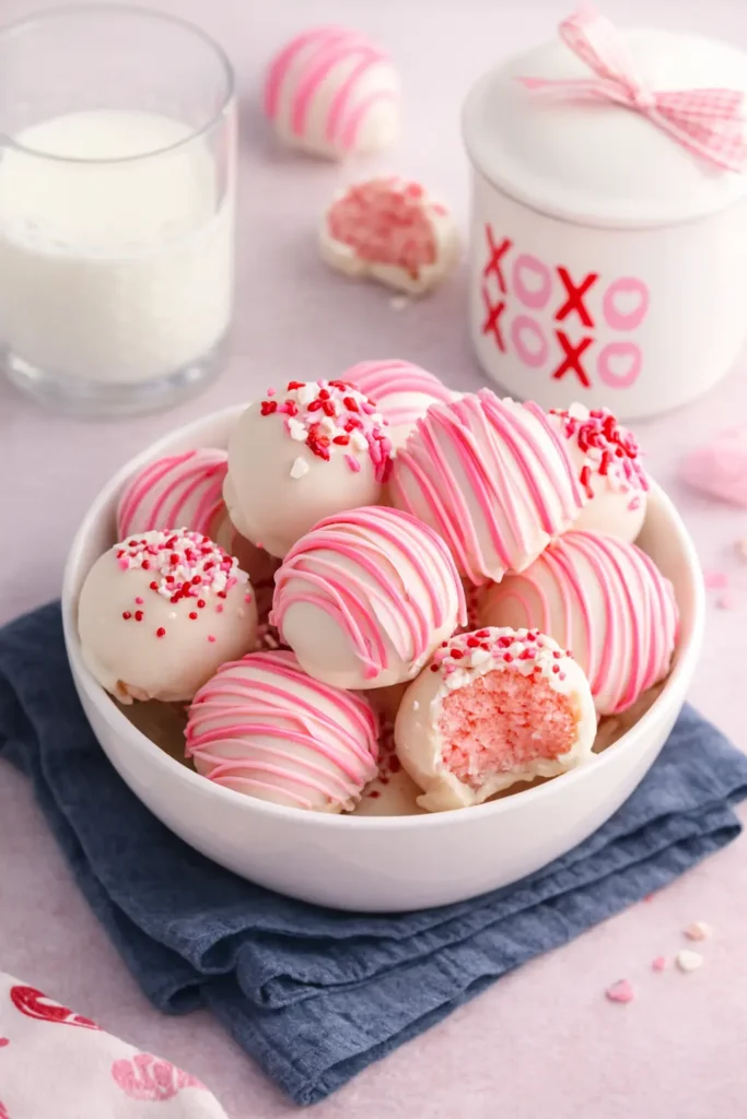 Strawberry Cake Truffles | Simple & Sweet Valentine Treat 6 Strawberry cake truffles in white bowl with pink drizzle and Valentine sprinkles