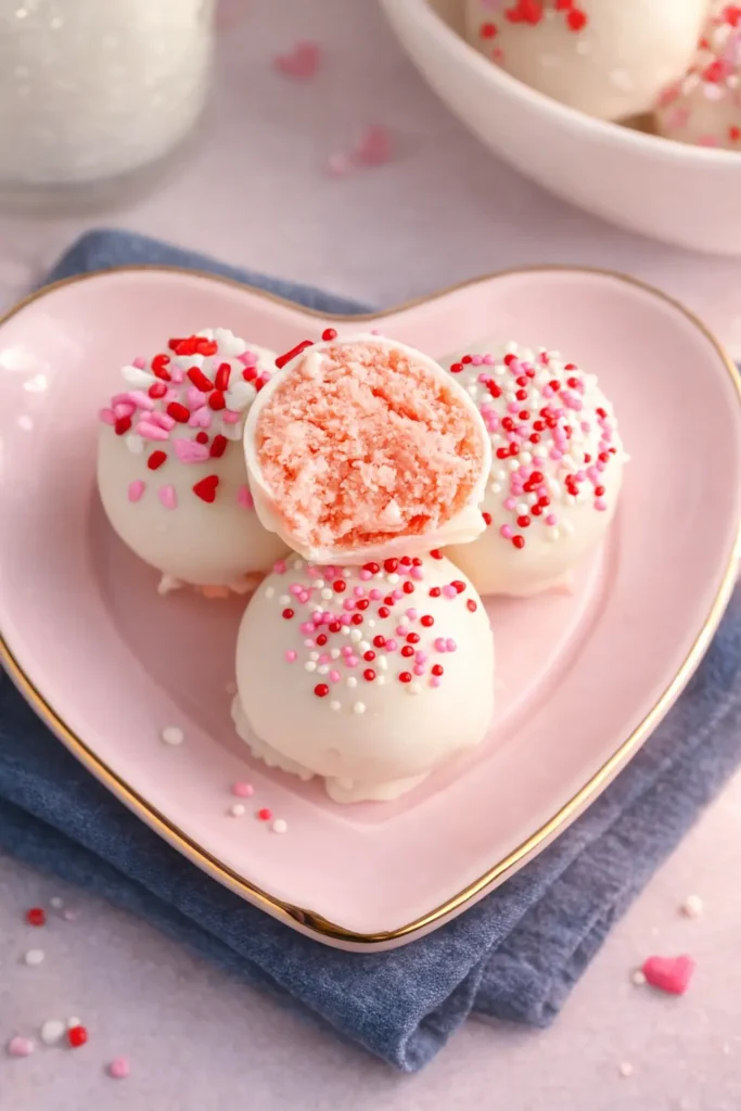 Strawberry Cake Truffles | Simple & Sweet Valentine Treat 5 Strawberry cake truffles on heart plate with pink sprinkles and white chocolate