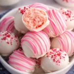Strawberry cake truffles coated in white chocolate with pink drizzle and sprinkles