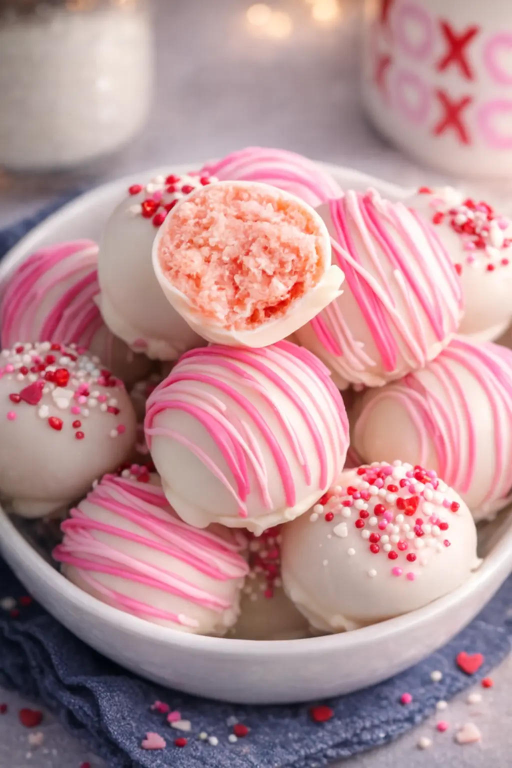 Strawberry cake truffles coated in white chocolate with pink drizzle and sprinkles