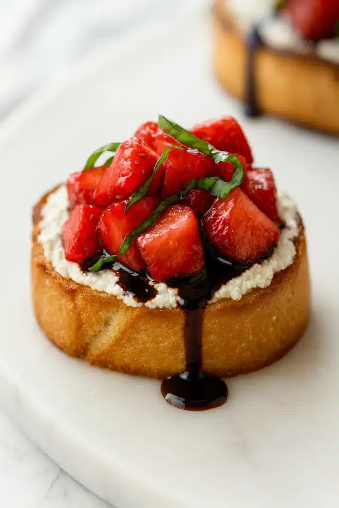 Close-up strawberry goat cheese bruschetta with balsamic drizzle
