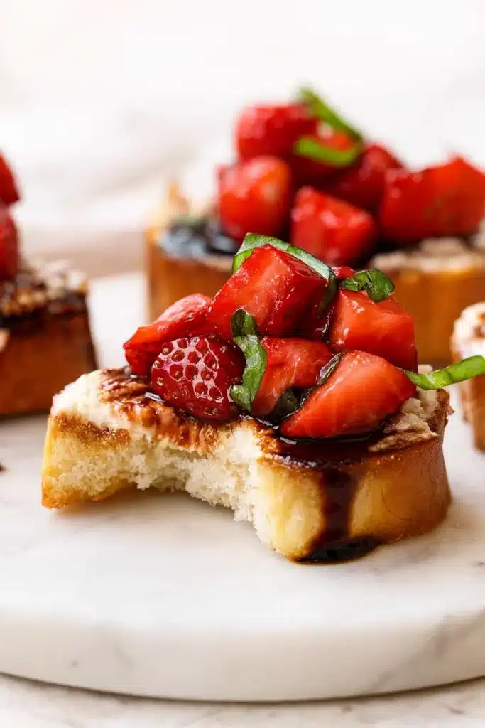 Strawberry goat cheese bruschetta on white plate with balsamic glaze