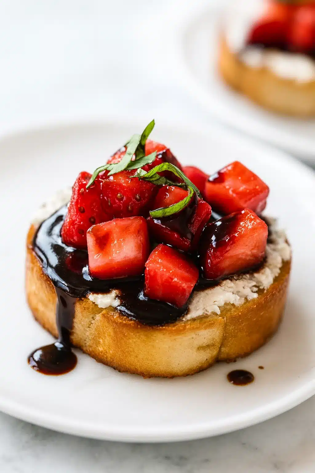 Strawberry goat cheese bruschetta with balsamic glaze and basil
