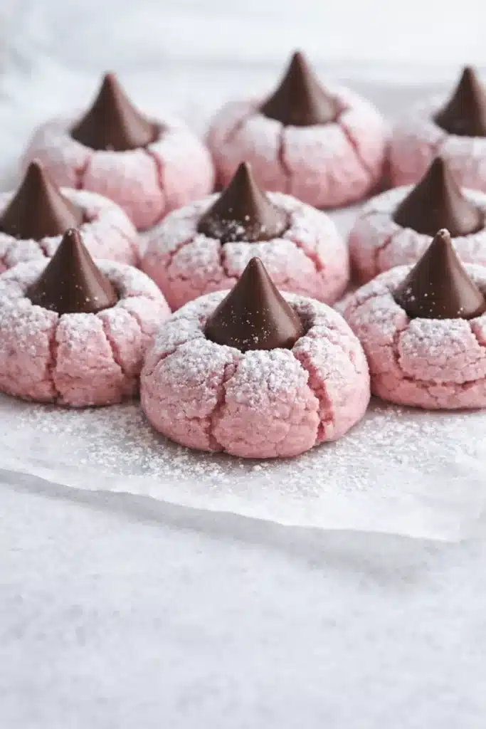 Batch of strawberry kiss cookies topped with chocolate kisses and powdered sugar