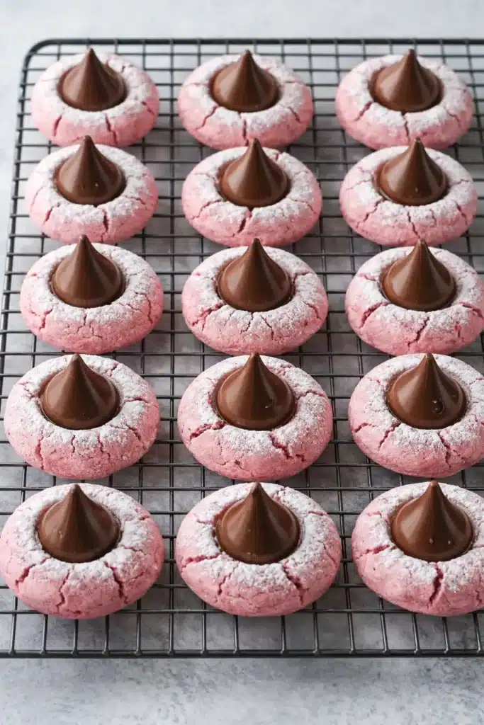 Strawberry kiss cookies cooling on wire rack with chocolate centers