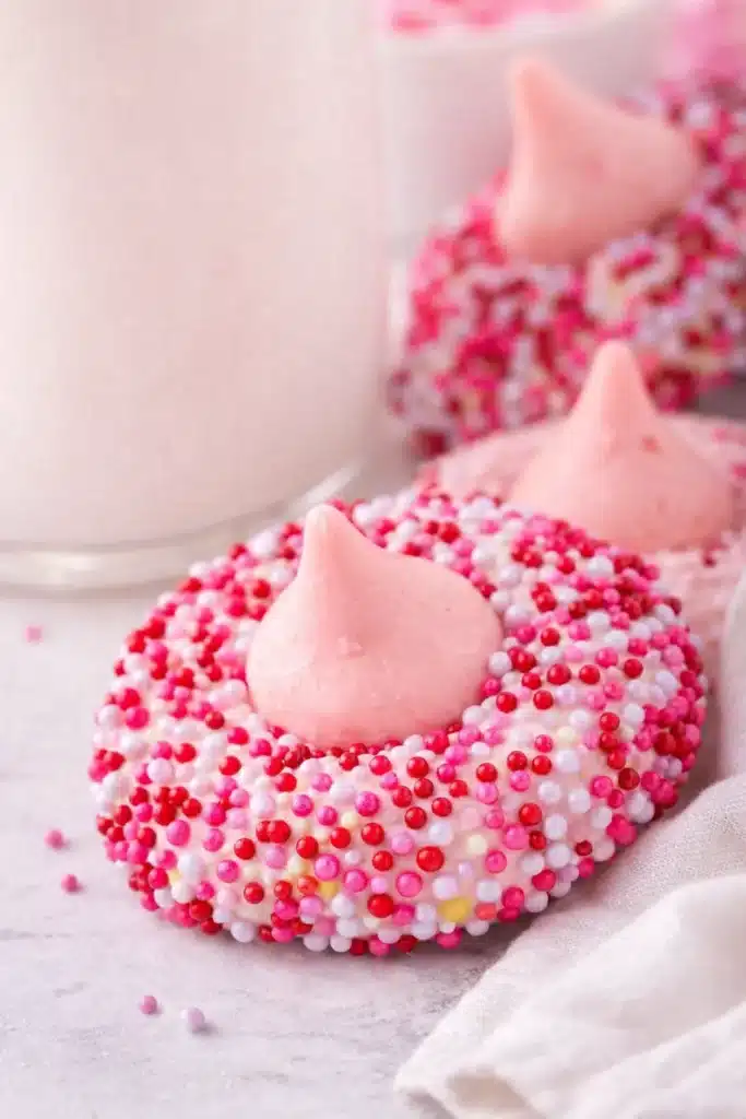 Strawberry Kiss Cookies with pink chocolate and Valentine sprinkles