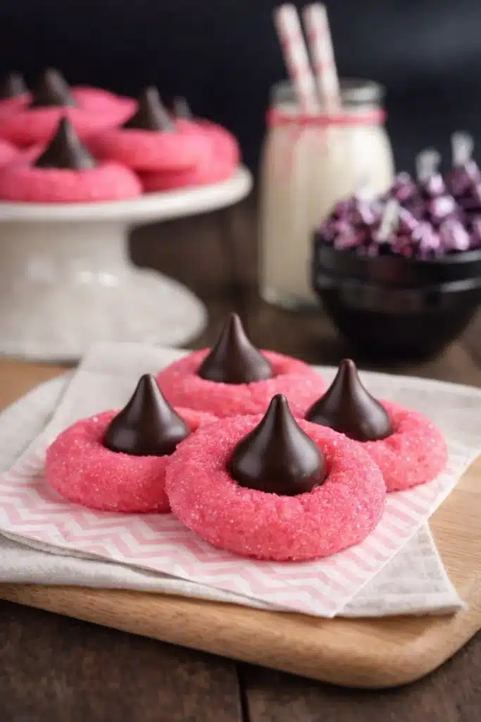 Pink strawberry kiss cookies topped with chocolate truffles on a wooden board