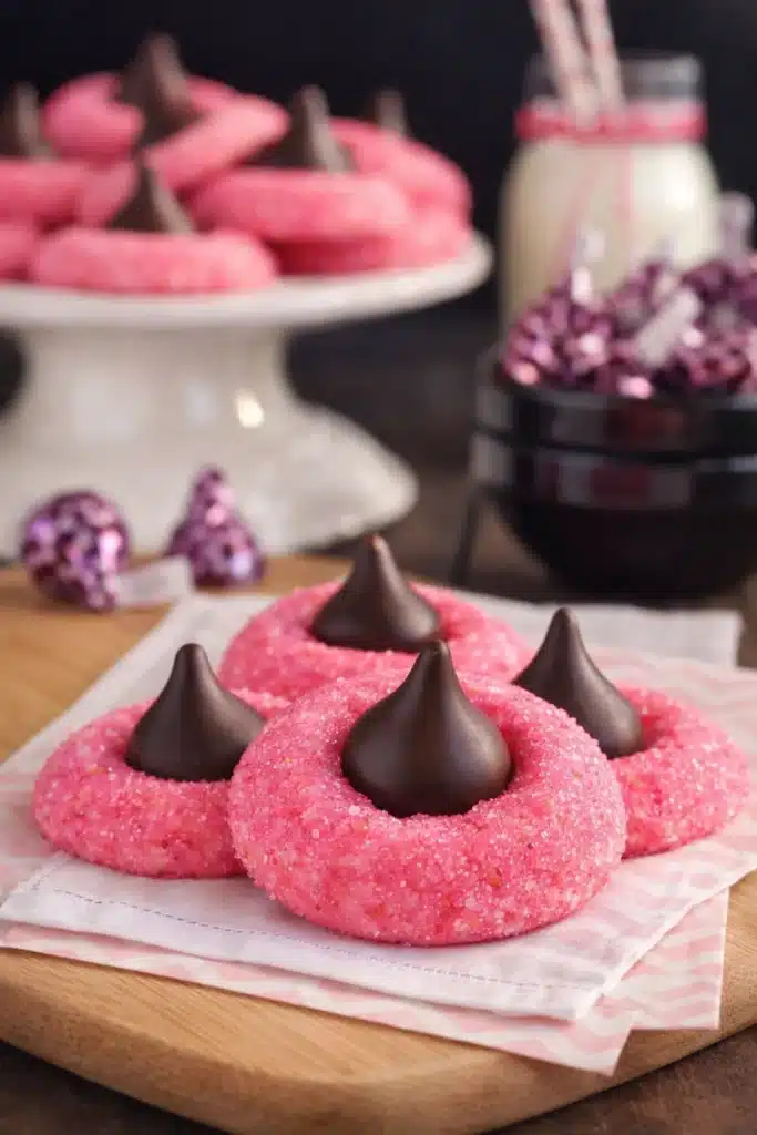 Strawberry kiss cookies with chocolate truffles on white napkin and pink paper
