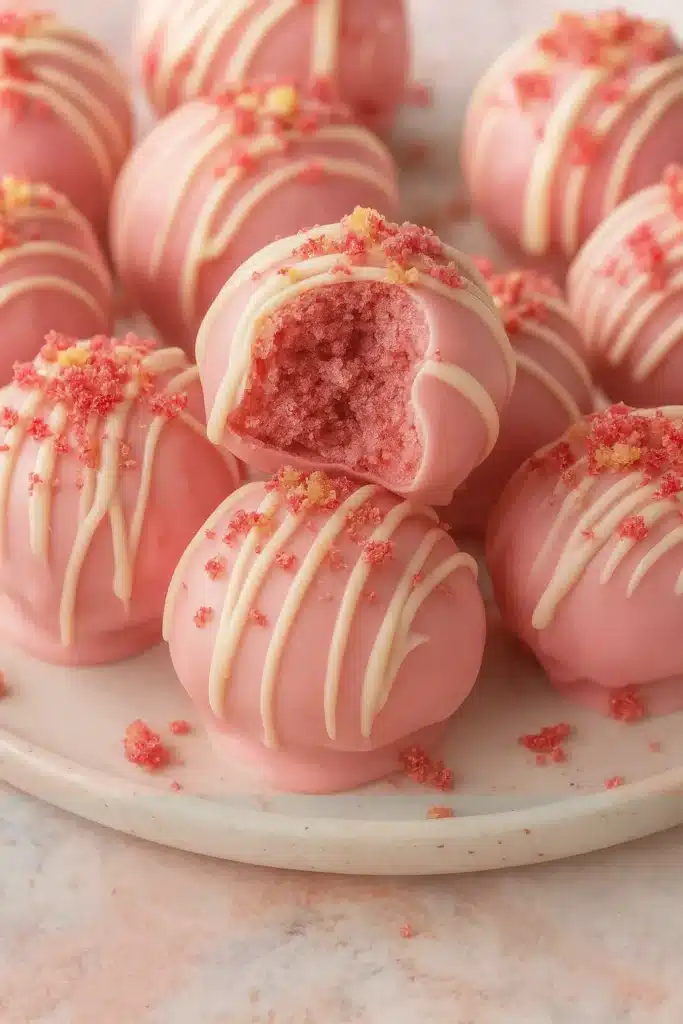 Strawberry Shortcake Truffles Treats with pink candy coating and white drizzle on a plate