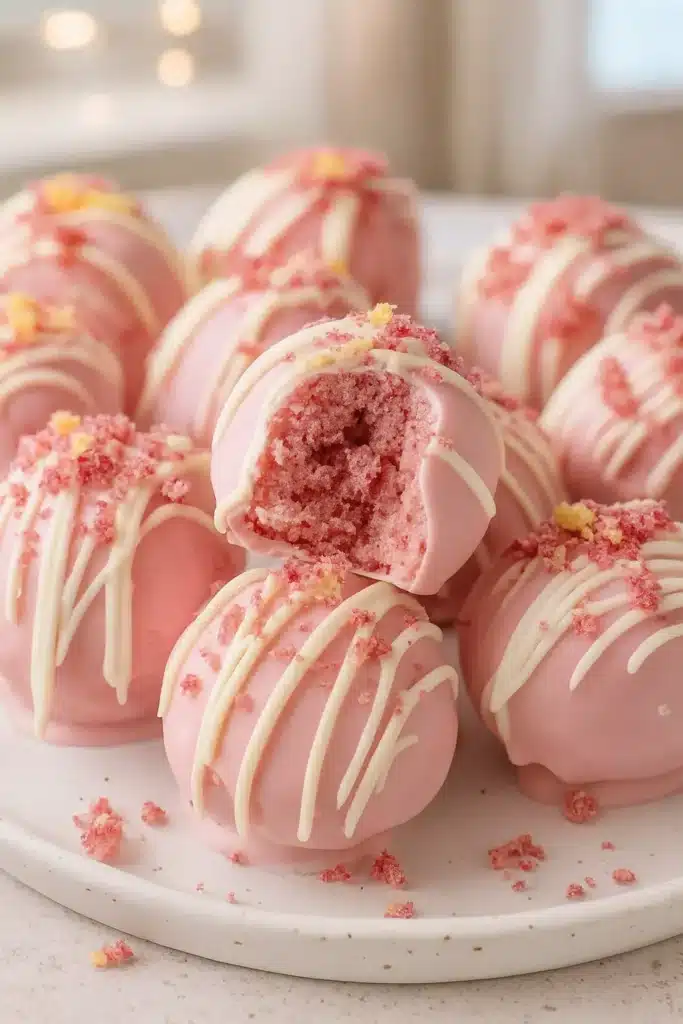Strawberry Shortcake Truffles Treats coated in pink candy with white chocolate drizzle and shortcake crumbs