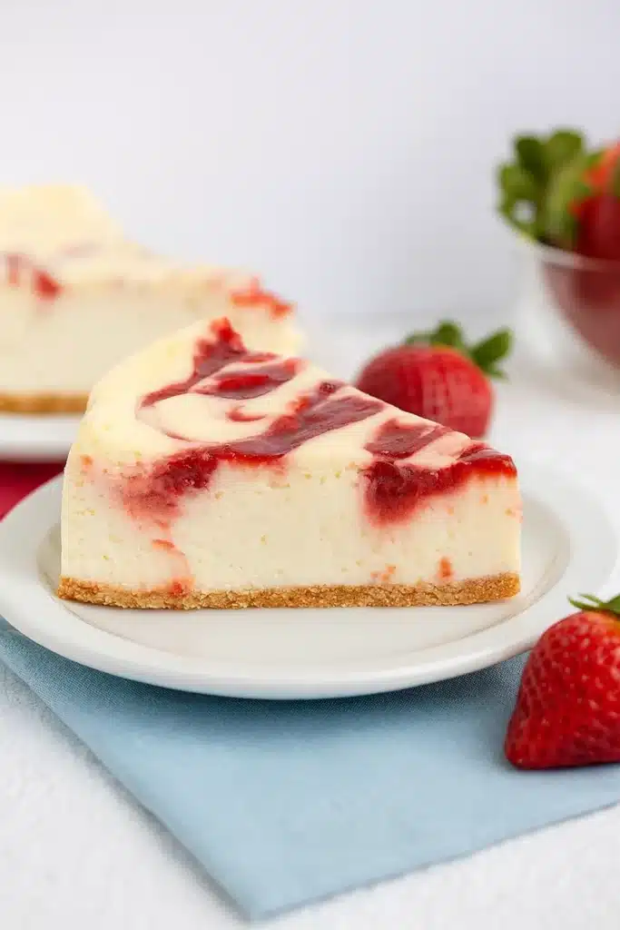 Strawberry Swirl Cheesecake | Romantic & Delicious Dessert 10 Slice of strawberry swirl cheesecake on a white plate with fresh strawberries
