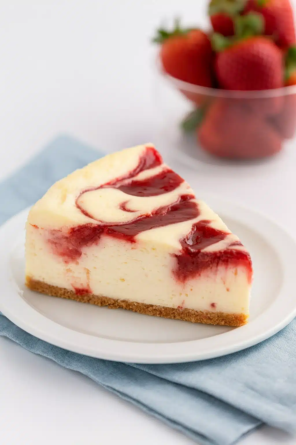 Slice of strawberry swirl cheesecake on white plate with fresh strawberries