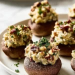 Creamy stuffed mushrooms with pecan and cheese filling on a white plate