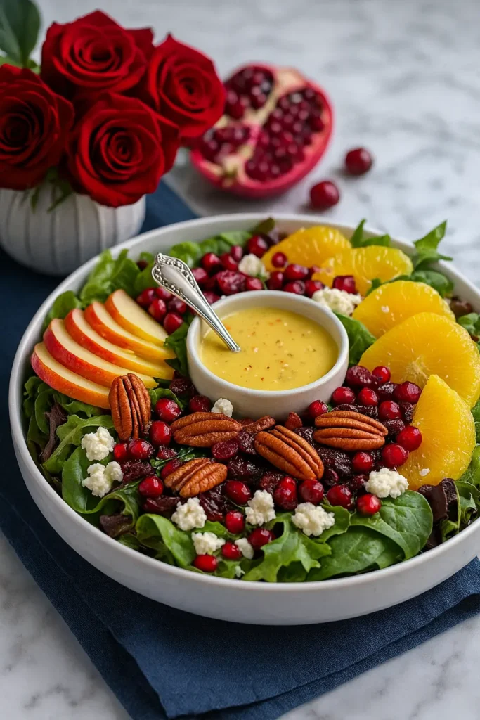 Sweet Christmas apple salad with citrus vinaigrette and holiday toppings