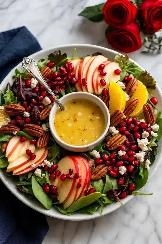 Sweet Christmas apple salad with citrus vinaigrette and festive toppings