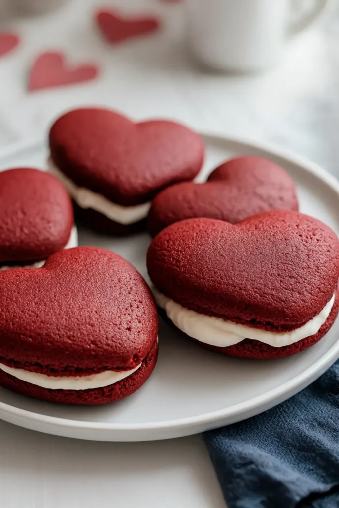 Tasty Heart-Shaped Red Velvet Whoopie Pies Are Delicious 6 Heart-shaped red velvet whoopie pies with creamy filling on white plate