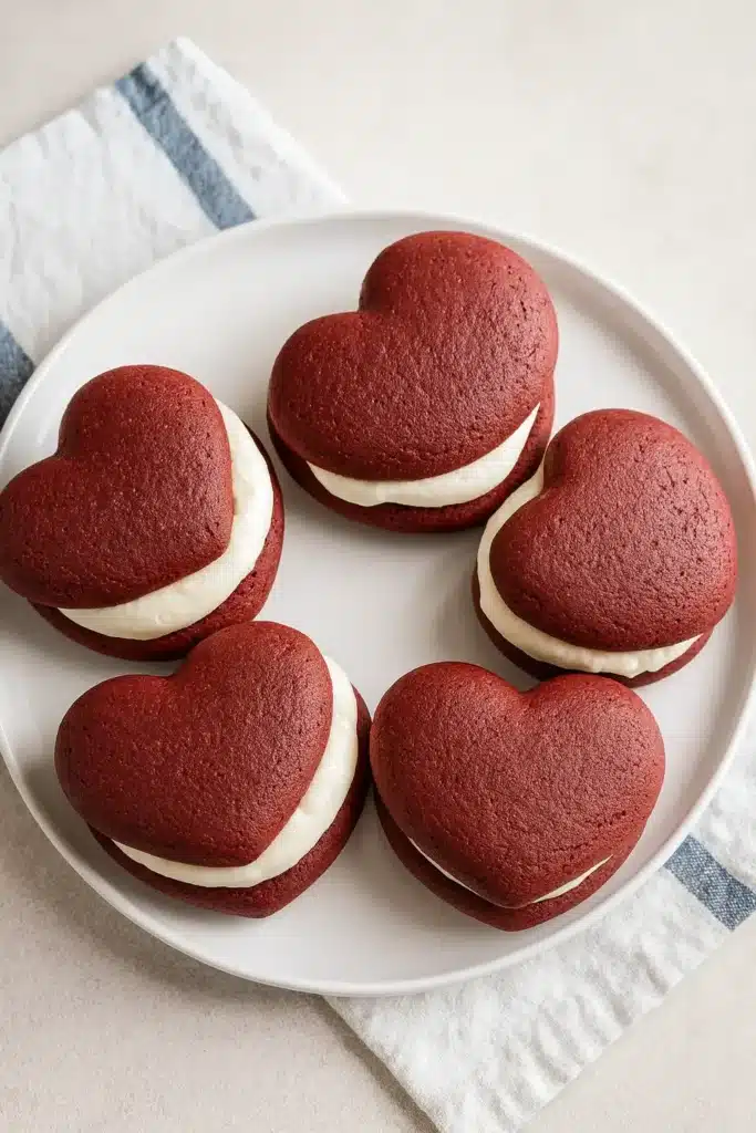 Tasty Heart-Shaped Red Velvet Whoopie Pies Are Delicious 5 Heart-shaped red velvet whoopie pies with cream filling on a plate