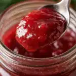 Tasty Slow Cooker Christmas Jam in glass jar with golden spoon