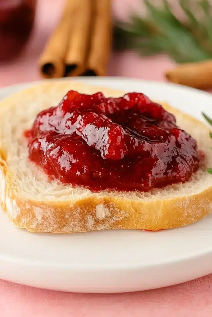 Slice of bread topped with glossy red Christmas jam