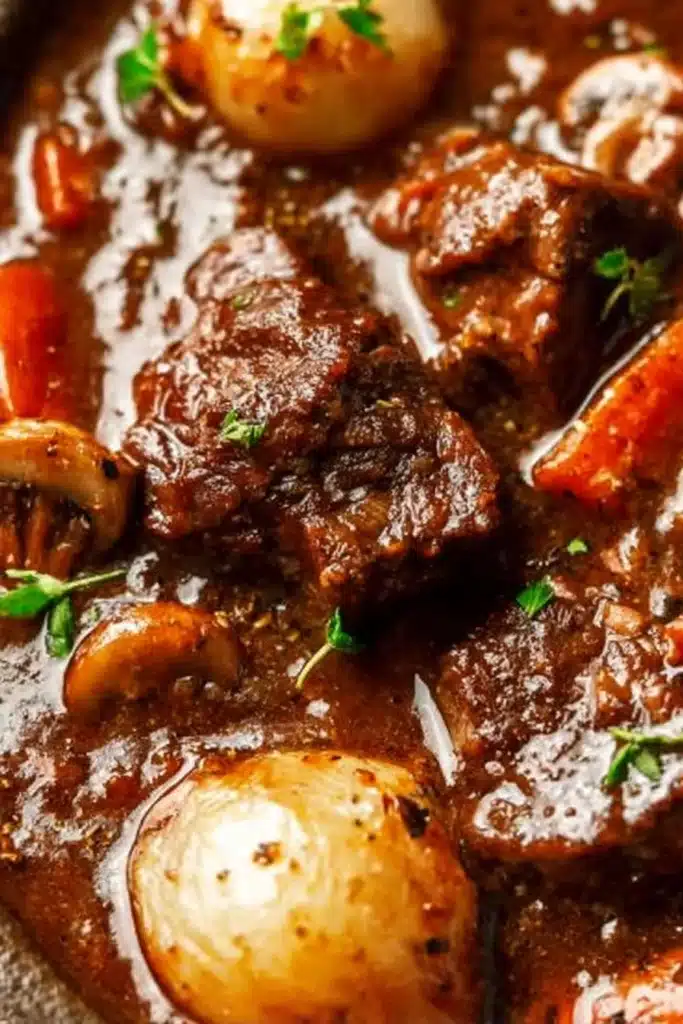 Close-up of beef bourguignon with tender beef, carrots, and onions