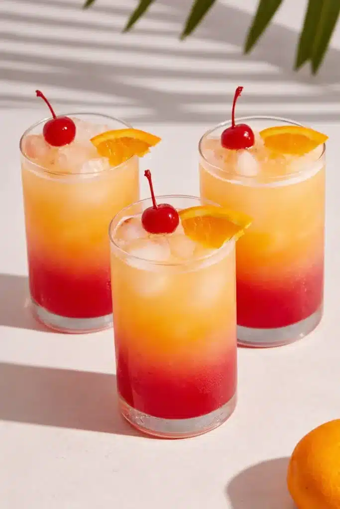 Tequila Sunrise Recipe | Simple, Stunning & Refreshing Drink 5 Three Tequila Sunrise mocktails with cherries and orange slices