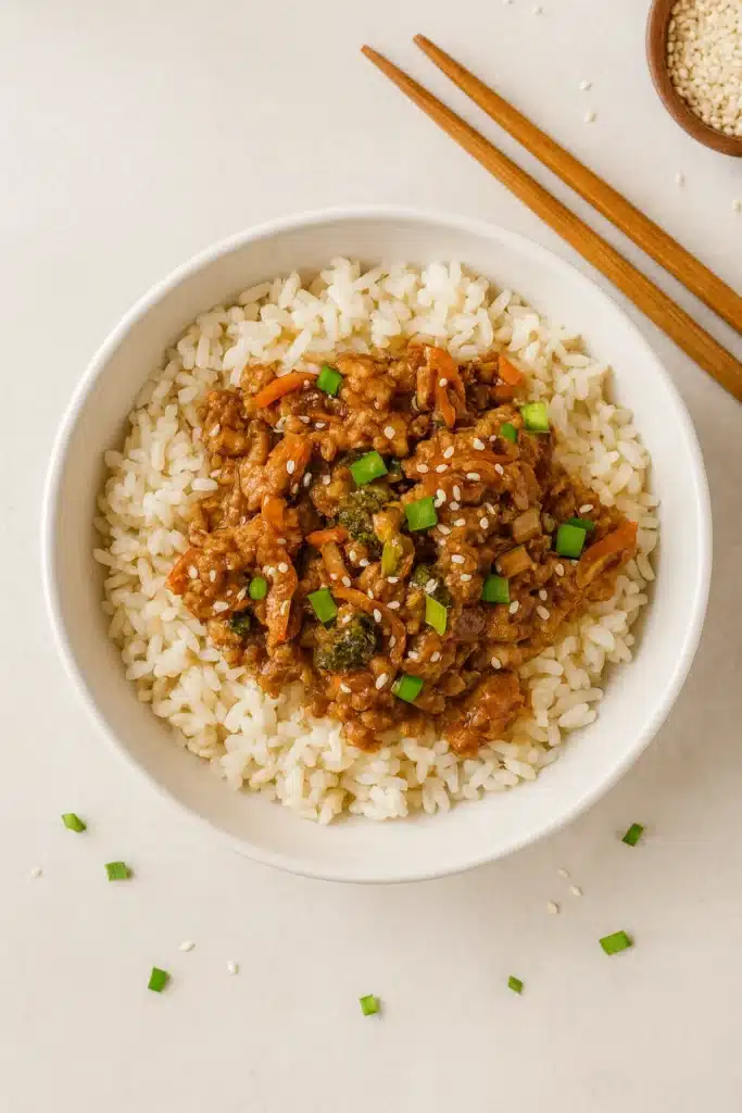 Teriyaki turkey rice bowl with vegetables and sesame seeds in a white bowl