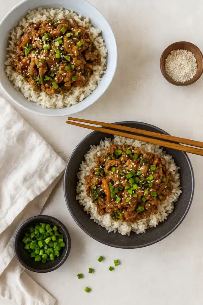 Teriyaki turkey rice bowls with sesame seeds and vegetables in bowls