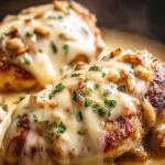 Smothered chicken with melted cheese and creamy sauce in a skillet