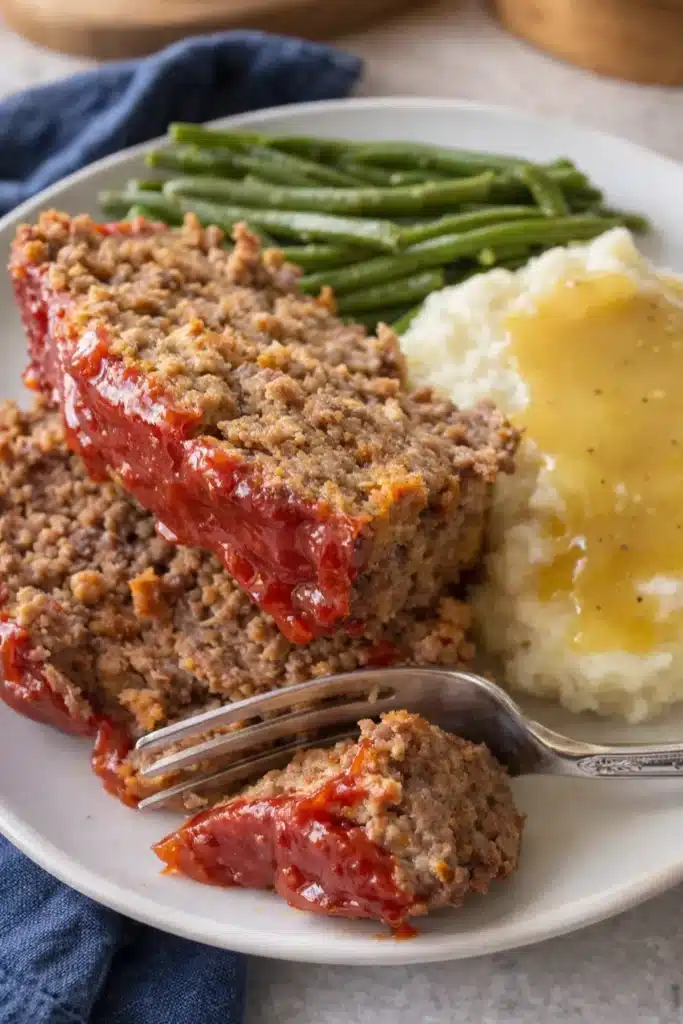 Juicy meatloaf with ketchup glaze, mashed potatoes, and green beans on a dinner plate