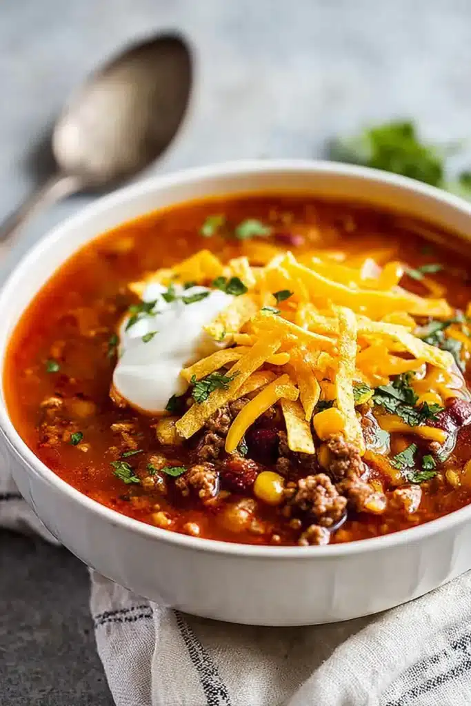 Close-up of the best taco soup with cheese, sour cream, and tortilla strips