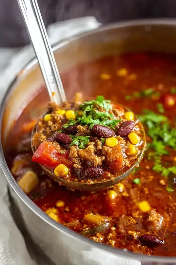 Ladle lifting the best taco soup with beef, beans, and corn from a pot