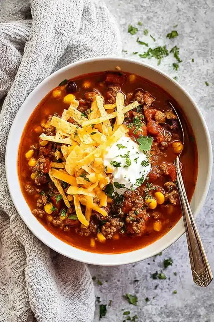 The best taco soup topped with cheese, sour cream, and tortilla strips in a white bowl