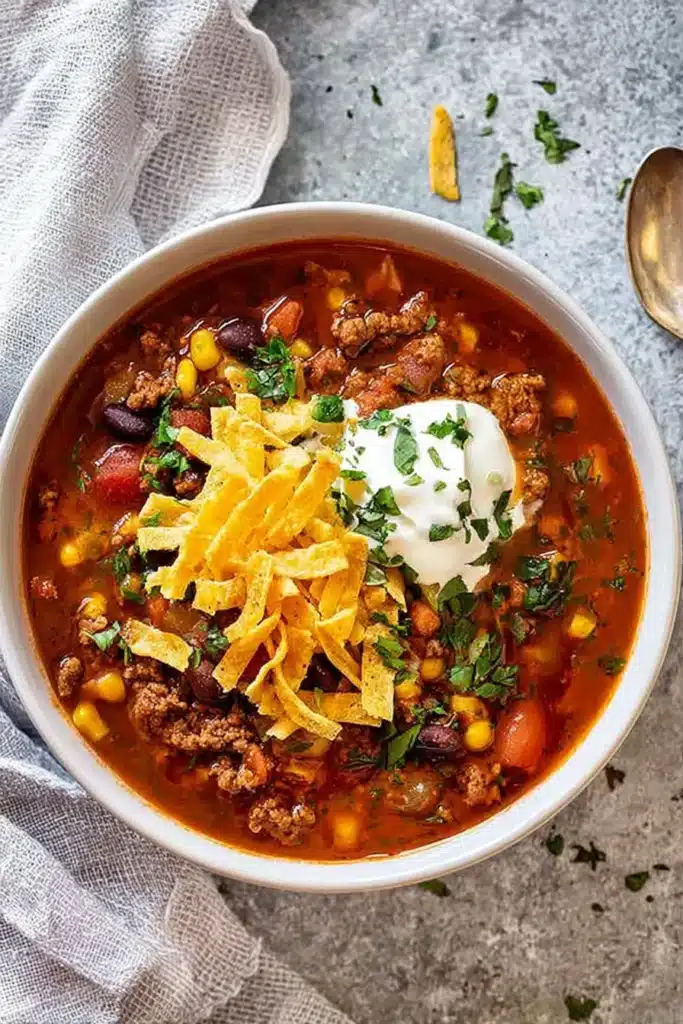 The best taco soup topped with cheese, sour cream, and tortilla strips in a white bowl