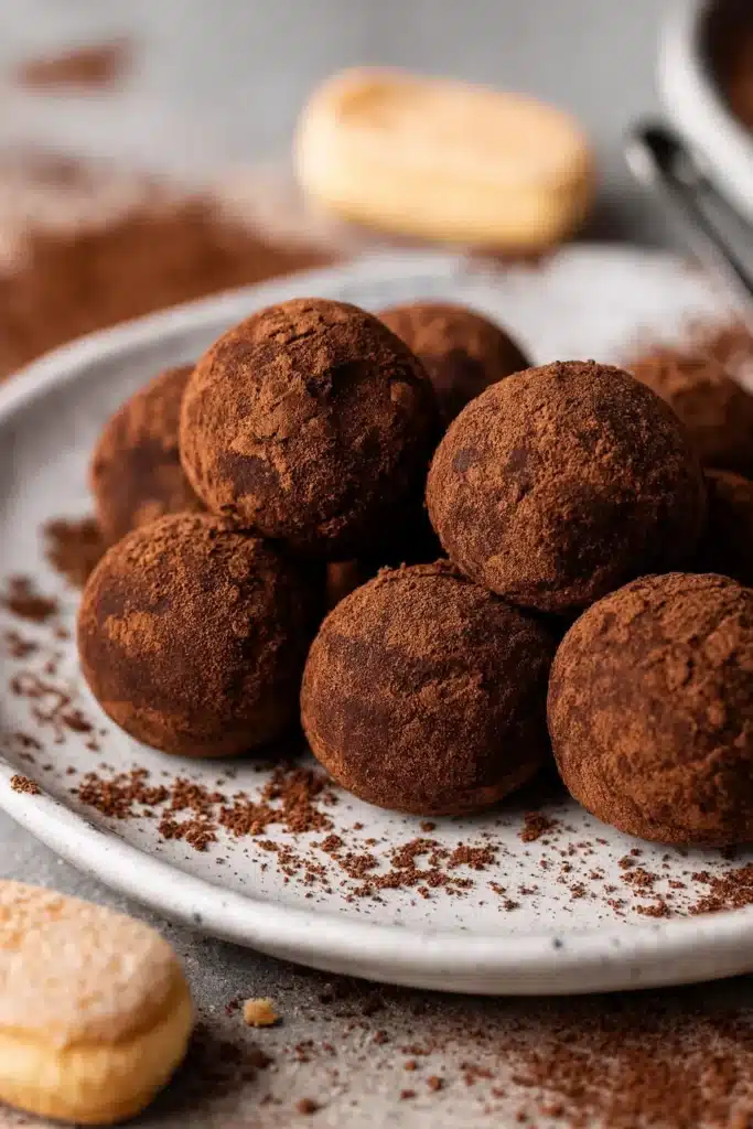 Tiramisu Balls Recipe – Easy, Creamy & Irresistible Treat 14 Cocoa-dusted tiramisu balls stacked on a white ceramic plate