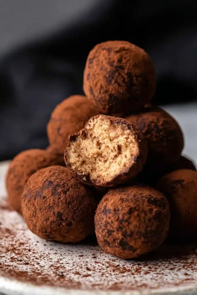 Tiramisu Balls Recipe – Easy, Creamy & Irresistible Treat 9 Cocoa-dusted tiramisu balls stacked on a plate with one bitten to show creamy filling